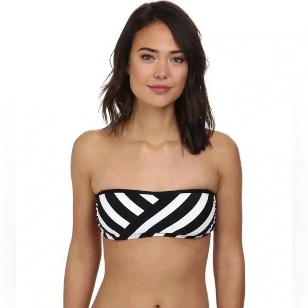 DKNY Essential Perks Spliced Bandeau Bikini Swim Top Black White Size XS